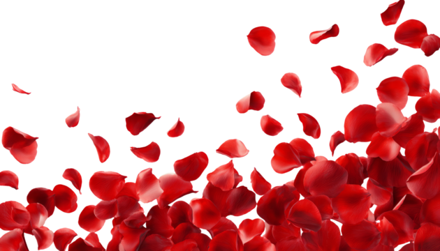 Red rose petal falling, romantic floral background, isolated on black, elegant and dreamy