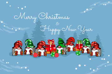 Naklejka premium Cute Christmas Gnomes with Gifts on Winter Background, Merry Christmas and Happy New Year Greeting Card