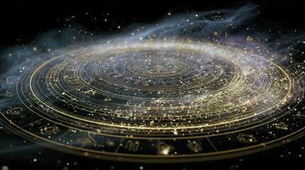 golden zodiac chart or astrological wheel glows with sparkling stardust and wisps of smoke against a dark cosmic background. This mystical image is perfect for fortune-telling and esoteric themes.