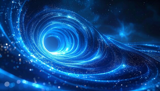 Swirling blue abstract vortex with a bright center and particles, resembling a cosmic phenomenon in deep space