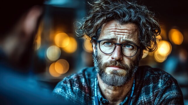 A man with curly hair, beard, and glasses looks worried or thoughtful, with a blurred background of bokeh lights. - Powered by Adobe