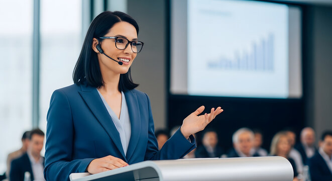 A businesswoman wearing a suit and glasses speaks into a headset microphone at a podium, gesturing with her hand in front of an audience and a projection screen displaying a bar graph