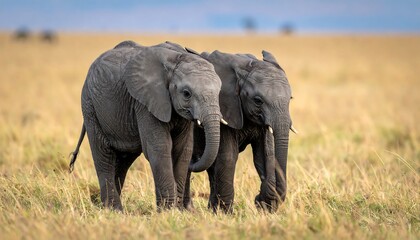 Obraz premium Two young elephants walking together in the African savanna.