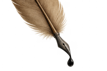 Quill pen with ink drop representing writing, literature, storytelling, history, and education on transparent background