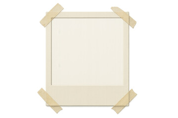 Empty instant film frame template with vintage white border and adhesive tape, isolated on transparent background