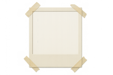 Empty instant film frame template with vintage white border and adhesive tape, isolated on transparent background