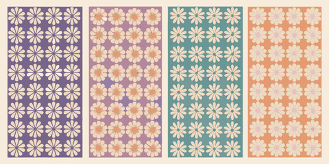 Retro floral patterns with a vintage aesthetic in purple teal and orange color palettes