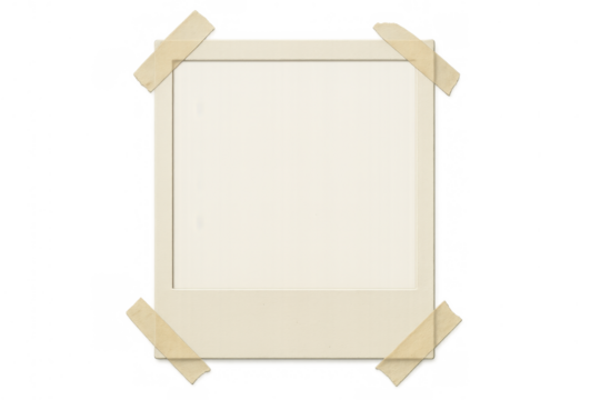 Empty instant film frame template with vintage white border and adhesive tape, isolated on transparent background
