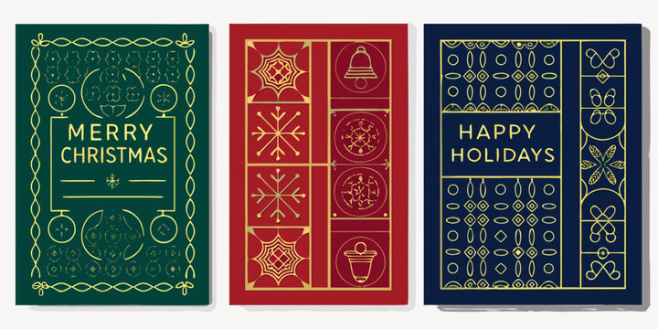 Festive geometric holiday cards featuring merry christmas and happy holidays messages - Powered by Adobe