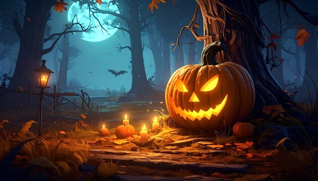 Spooky Halloween scene with a glowing jack-o'-lantern in a misty forest under a full moon