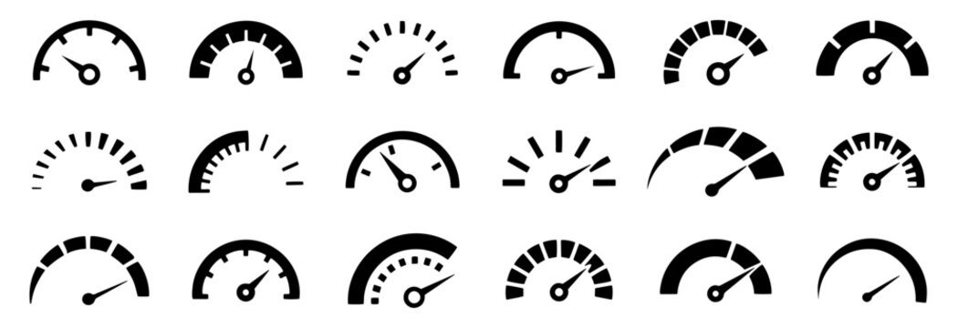 Speedometer and gauge icon set, dashboard performance meter symbols, automotive speed and indicator dials, vector measurement elements
