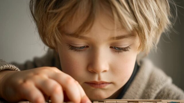 A captivating close-up shot of a young boy with striking blonde hair and blue eyes. He is initially seen looking directly at the camera with a thoughtful expression