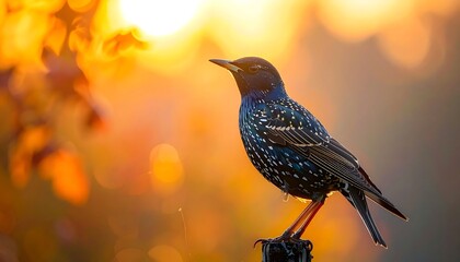 Starling perched on a post with vibrant bokeh, bathed in warm, golden light. Close-up of bird in sunlight