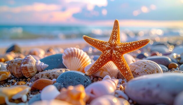 Starfish, shells, and smooth stones dot a beach in warm light with a soft ocean backdrop under a pastel sky