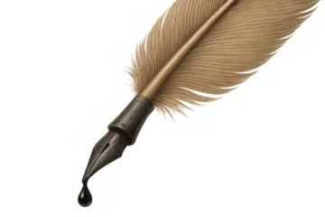 Quill pen with ink drop, symbolizing education, history, vintage writing and old literature on transparent background