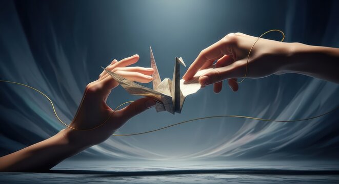 Close-up of two hands reaching towards each other with a smartwatch on one hand against a dark background with streaks of light. - Powered by Adobe