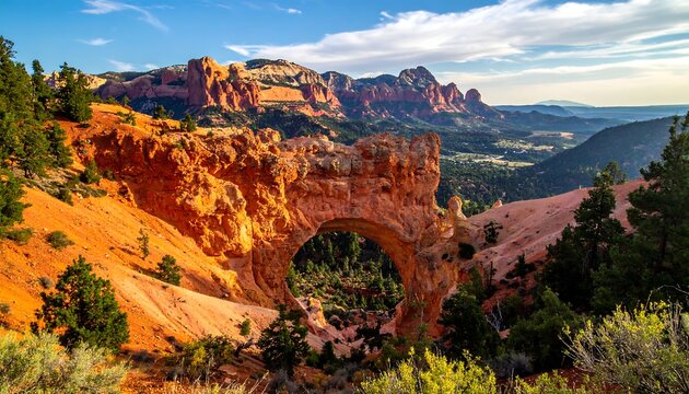 Striking desert landscape featuring a natural arch carved from red rock, overlooking a scenic valley on a sunny day