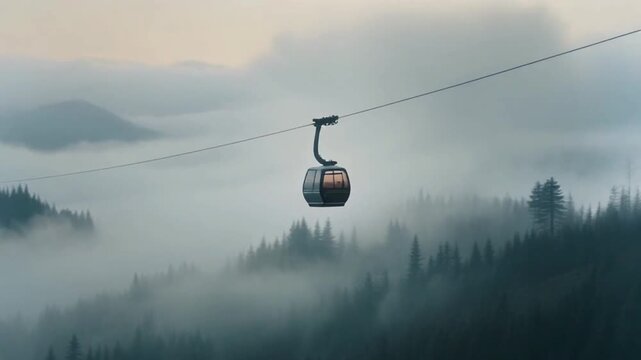 Minimal foggy mountain landscape with single cable-car gliding slowly through mist, soft muted tones, cinematic atmosphere.