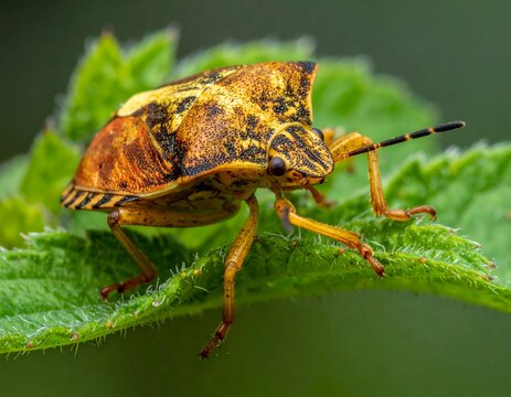 Close-up of an orange and yellow patterned stink bug resting on a green leaf