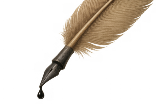 Quill pen with ink drop, symbolizing education, history, vintage writing and old literature on transparent background