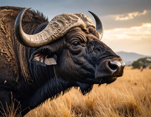 Close-up of an African buffalo in a grassy plain, facing right, against a dusk sky