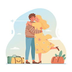 Joyful Couple Embracing by Luggage with Subtle Airplane Silhouette in Background Vector Illustration