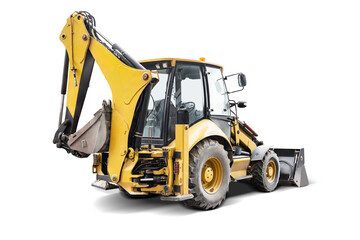 A powerful backhoe loader stands ready for work, showcasing its strong build and multifunctional capabilities for construction and landscaping tasks.