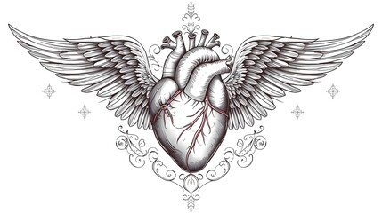 Intricate heart with angel wings