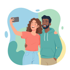 Joyful Couple Takes Selfie Outdoors with Bright Colors and Abstract Shapes in Flat Vector Style