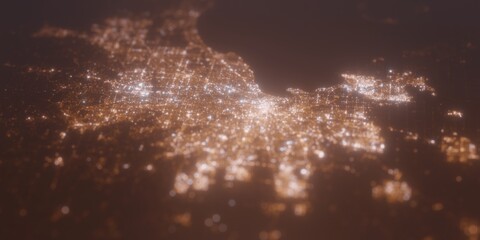 Naklejka premium Street lights map of Melbourne (Australia) with tilt-shift effect, view from north. Imitation of macro shot with blurred background. 3d render, selective focus