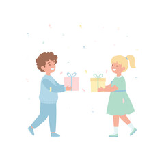 Joyful Giving Two Friends Exchanging Wrapped Gifts With Confetti Falling In Minimalist Flat Vector Design