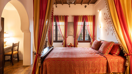 Luxurious Moroccan-style bedroom interior with elegant red and gold curtains, ornate canopy bed, arched doorway,Bridal Chamber,Wedding Night,Chinese wedding elements,Greenleaf Event Management,dreamy,