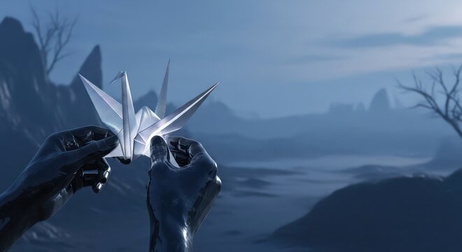 A person holds a glowing origami crane in their hands against a dark, mystical landscape with bare trees and distant mountains under a cloudy sky. - Powered by Adobe
