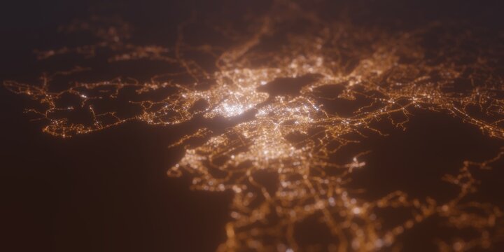 Street lights map of Halifax (Canada) with tilt-shift effect, view from east. Imitation of macro shot with blurred background. 3d render, selective focus