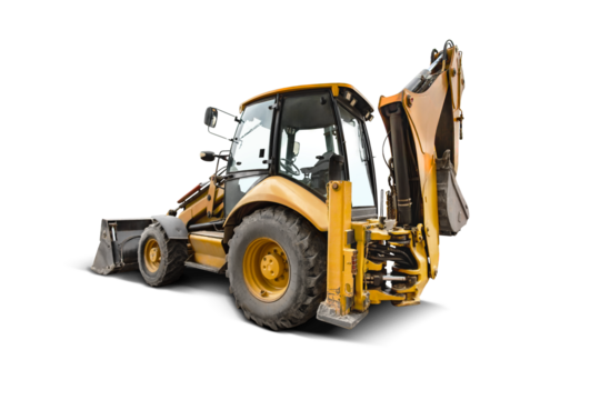 A yellow backhoe loader is positioned on a plain background, showcasing its powerful machinery and equipment meant for digging and lifting tasks in construction.