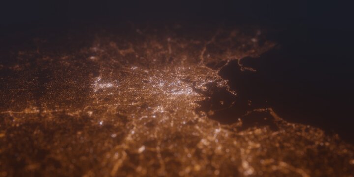 Street lights map of Boston (Massachusets, USA) with tilt-shift effect, view from south. Imitation of macro shot with blurred background. 3d render, selective focus