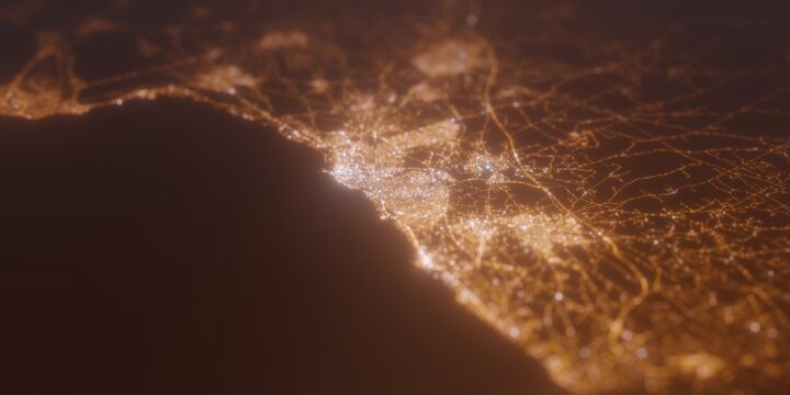 Street lights map of Sousse (Tunisia) with tilt-shift effect, view from north. Imitation of macro shot with blurred background. 3d render, selective focus