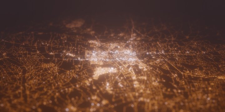 Street lights map of Marrakesh (Morocco) with tilt-shift effect, view from south. Imitation of macro shot with blurred background. 3d render, selective focus