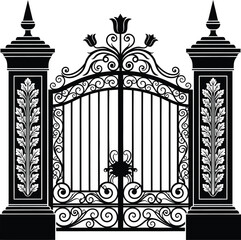 Decorative wrought iron gate vector illustration black and white art eps silhouette