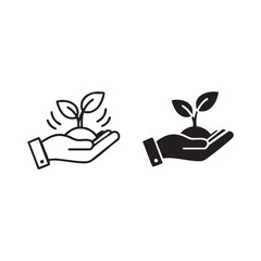 Vector Plant, sprout in a hand icon. Line, glyph and filled outline version, Hand holding plant outline and filled vector sign. Symbol, logo illustration.