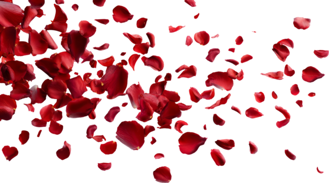 Red rose petal scatter, romantic floral background, isolated, soft texture, love concept