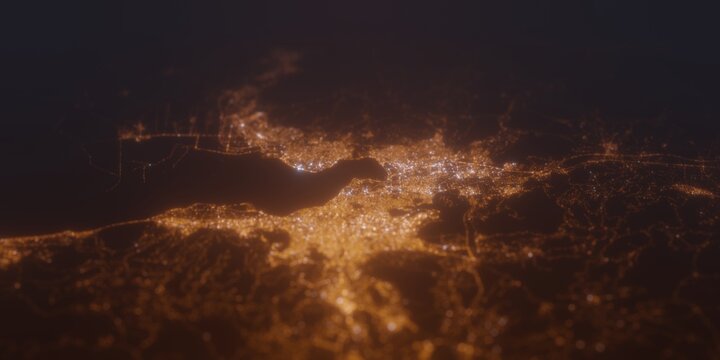 Street lights map of Izmir (Turkey) with tilt-shift effect, view from south. Imitation of macro shot with blurred background. 3d render, selective focus