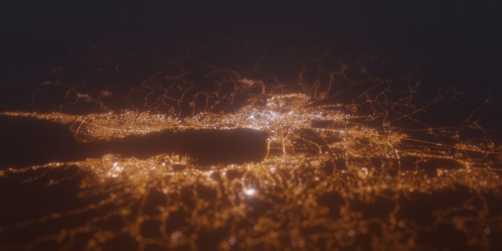 Street lights map of Izmit (Turkey) with tilt-shift effect, view from south. Imitation of macro shot with blurred background. 3d render, selective focus