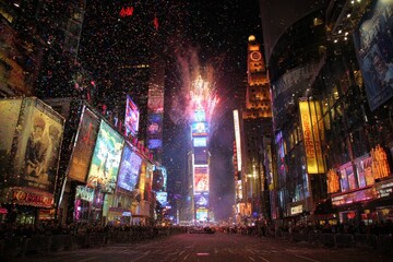 Times Square New York fireworks for New Year, crowd celebrating below, night skyline glowing, colorful bursts in sky, lively festive urban atmosphere, city celebration
