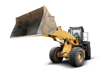 A powerful construction loader stands prominently on a clean, isolated background, showcasing its large scoop and rugged tires for impactful design use.