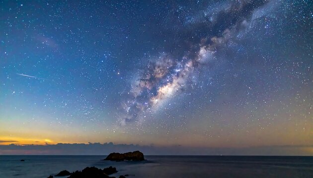 Starry seascape with a bright Milky Way arching over a rocky island and calm ocean under the night sky