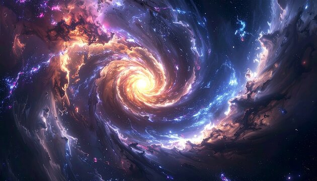 Swirling cosmic vortex, clouds of colorful nebula gases spiral toward a bright central light, space art