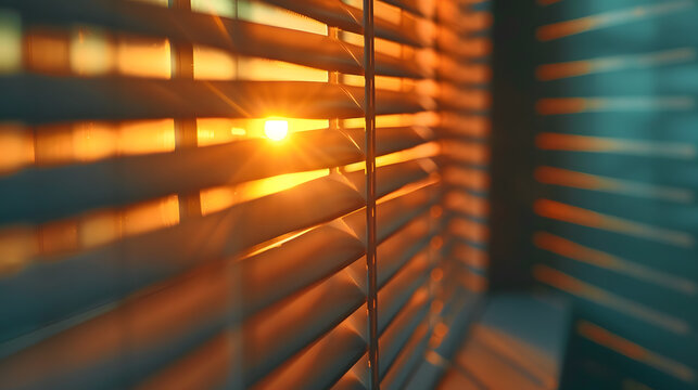 Warm Sunlight Streaming Through Window Blinds Casting Golden Light and Shadows