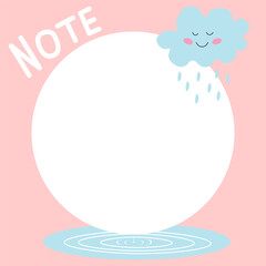 Spring notebook for notes. To Do List. Pink background, rainy cloud, raindrops, puddle. Space for text, note, memo. Flat vector design.