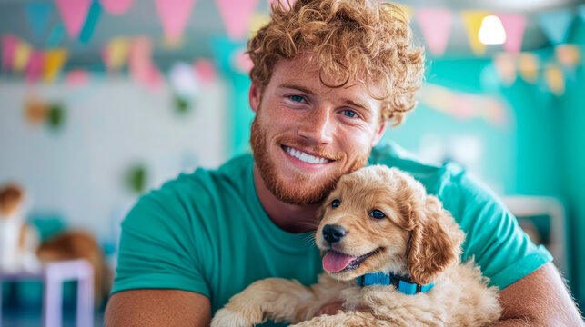 Joyful redhead man with beard and blue eyes smiles brightly while affectionately cuddling adorable golden retriever puppy indoors, surrounded by colorful party bunting